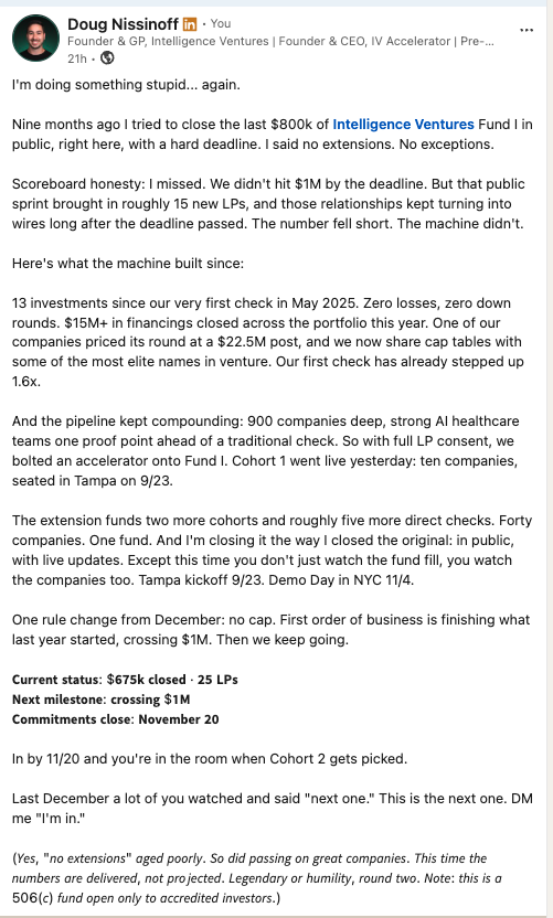 Doug Nissinoff LinkedIn post announcing the Fund I extension raise